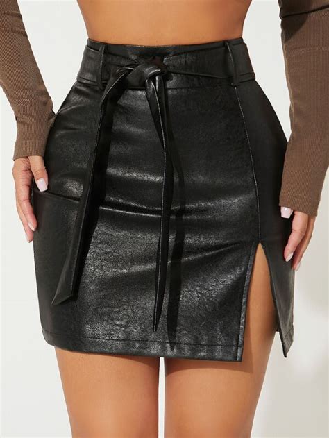 SHEIN PETITE Split Hem Belted PU Leather Skirt SHEIN