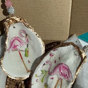 Drinking Pink Flamingos Oyster Shell Ornament Tropical Christmas