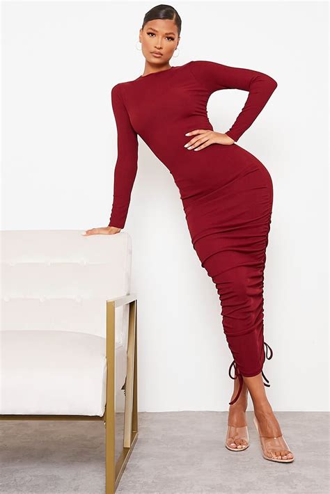 Burgundy Ribbed High Neck Long Sleeve Ruched Bodycon Midi Dress Midi Dress I Saw It First