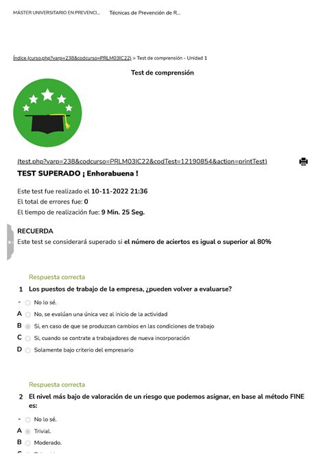 Resultado Test Test Resuelto T Cnicas De Prevenci N De Riesgos