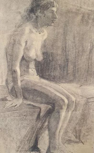 ANTIQUE IMPRESSIONIST PENCIL Painting Nude Woman Portrait
