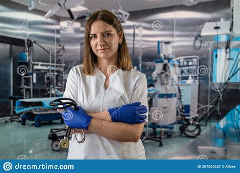 Nurse Or Doctor In Surgical Gown Before Surgery With Stethoscope Stock