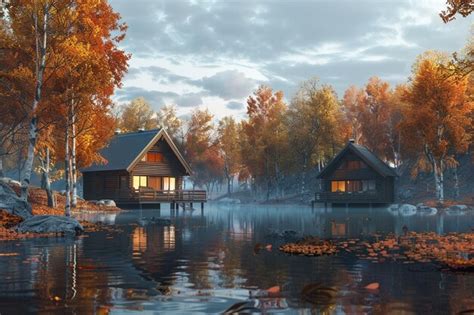 Premium Photo Tranquil Lakeside Cabins Surrounded By Autumn Foli