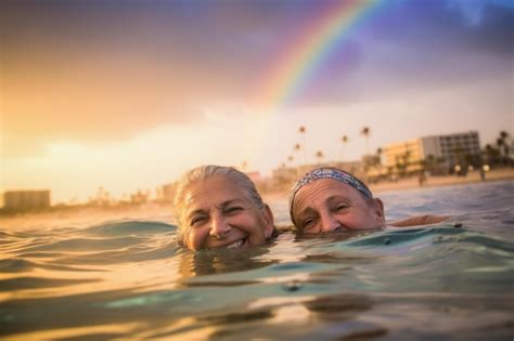 Premium AI Image Happy Senior Gay Couple Swimming At LGBTQ Pride