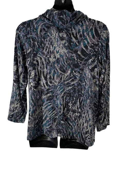 Susan Graver Weekend Printed Ribbed Sweater Knit Cowl Neck Tunic Blue