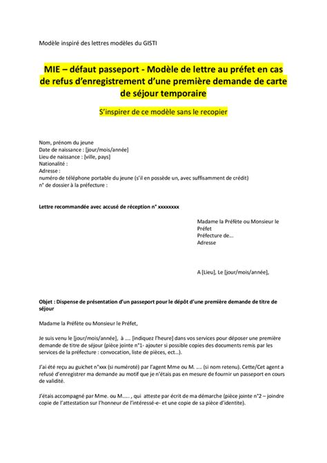 Modèle de lettre au préfet refus d enregistrement de demande de carte