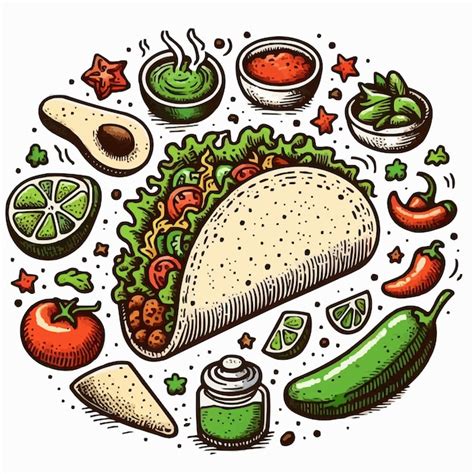 Ilustración de dibujos animados de tacos dibujados a mano de fondo