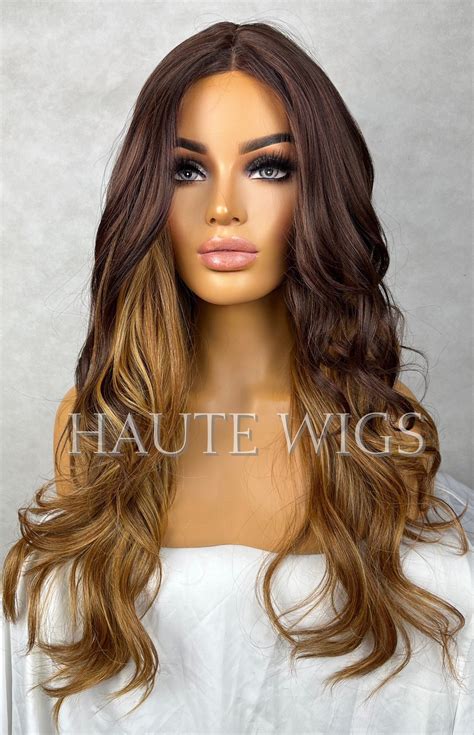 24 Inch Long Wig 3 Tones Dark Roots Dark Brown Ombre Blonde Highlights Haute Wigs