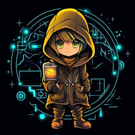 Personaje de neón del misterioso niño chibi con flequillo largo y un