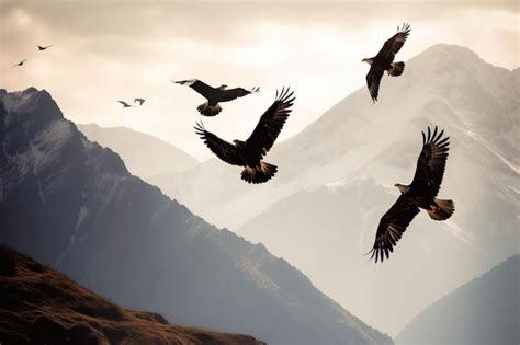 Un Grupo De Guilas Volando En Un Paisaje Monta Oso Foto Premium