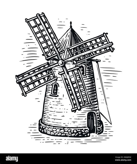 Old Windmill In Sketch Style Farm Mill Agriculture Concept Engraved