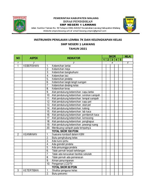 Instrumen Dan Rubrik Penilaian 7K Dan Kebersihan Kelas | PDF