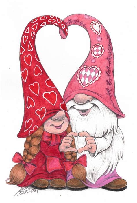 Two Gnomes Are Sitting Next To Each Other With Hearts On Their Heads