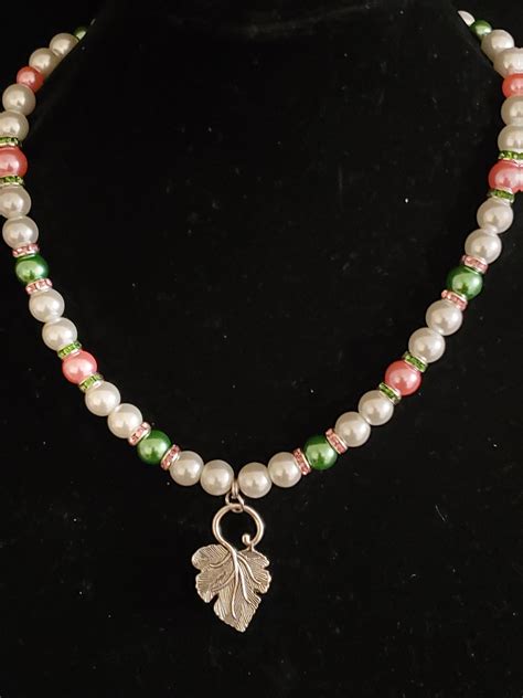 Ivy Leaf Charm Necklace Pearl Aka Charm Necklace Pink And Green Pearl