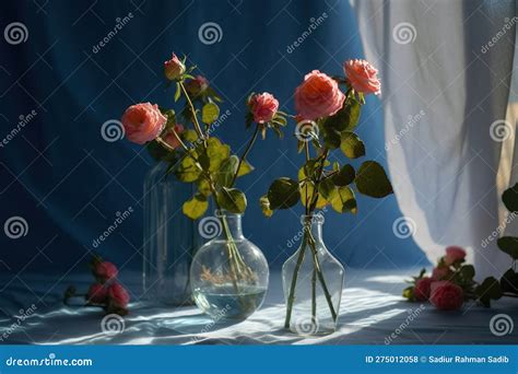 Still Life With Pink Roses In Glass Vases On A Blue Background Stock