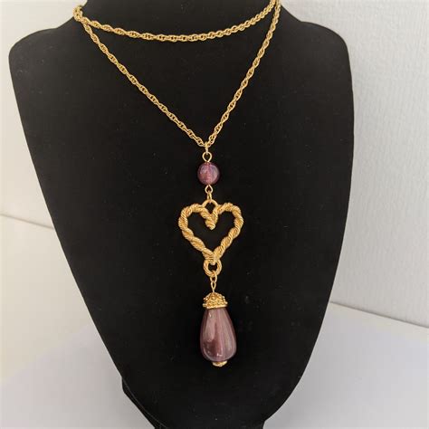 Vintage Avon Necklace Heart Pendant Purple Glass Beads Etsy