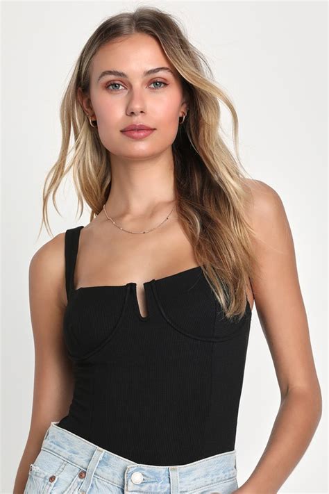 Sexy Black Bodysuit Bustier Bodysuit Ribbed Knit Bodysuit Lulus