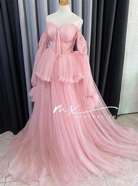 Baby Pink Pastel Ethereal Fairy Formal Princess Off-Shoulder Mesh Ball Prom Birthday Debut Dress ...