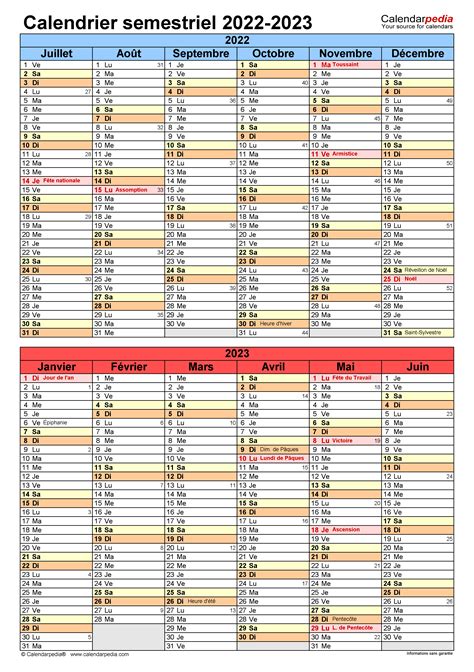 Calendrier Semestriel 2022 2023 Excel Word Et PDF