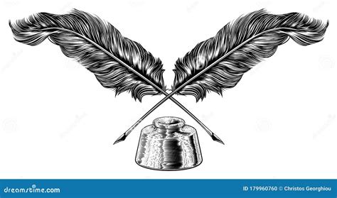 Quill Feather Ink Pens And Inkwell Vintage Woodcut Stock Vector