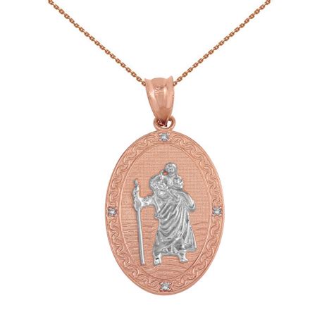 Solid Rose Gold Two Tone Saint Christopher Medallion Diamond Pendant Necklace 1