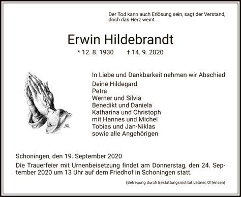 Traueranzeigen Von Erwin Hildebrandt Trauer Hna De