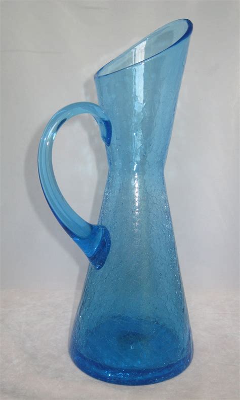 Pilgrim Art Glass Crackle Large 12 Tall Blue 51r Pitcher Etsy