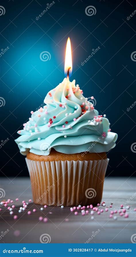 Closeup Delicious Birthday Cupcake With Burning Candle On Blue Stock