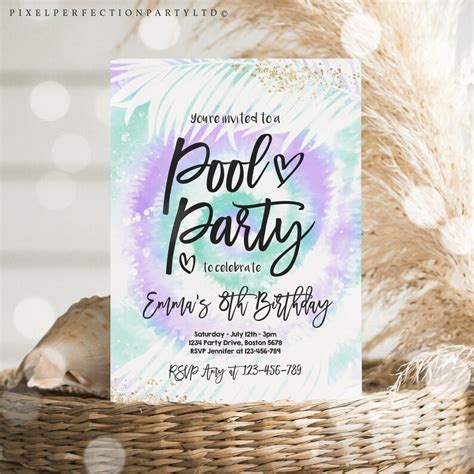 Editable Pool Party Invitation Girly Purple And Blue Tie Dye Etsy Uk