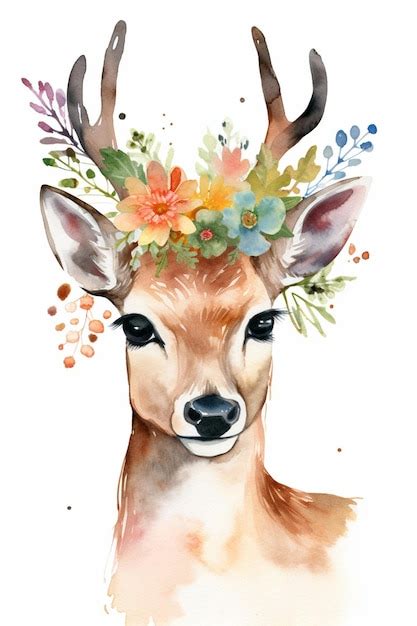 Premium Ai Image Watercolor Painting Of A Deer With Flowers On His Head