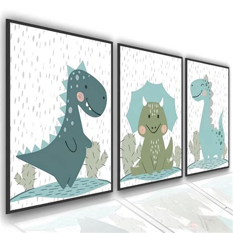 Kit 3 Quadros Decorativos Infantil Dinossauros Baby Mosaico Sala Quarto