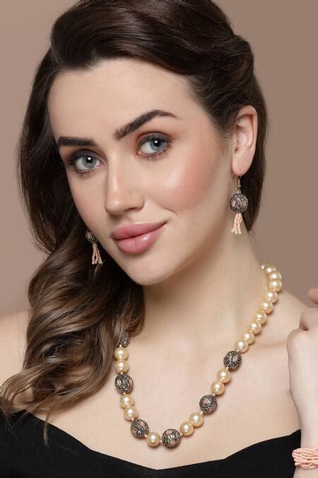 Buy Multi Color American Diamond Carved Pearl Embellished Necklace By