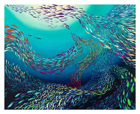 A Painting Of Many Colorful Fish Swimming In The Ocean