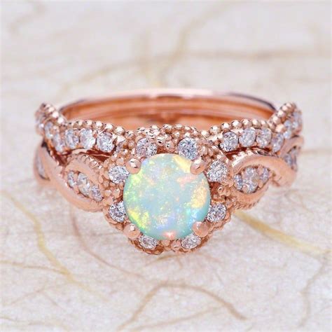 14K Vintage Rose Gold Opal Engagement Ring And Wedding Band Etsy New