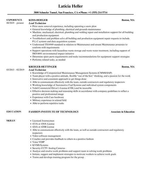 Lead Technician Resume Samples Velvet Jobs