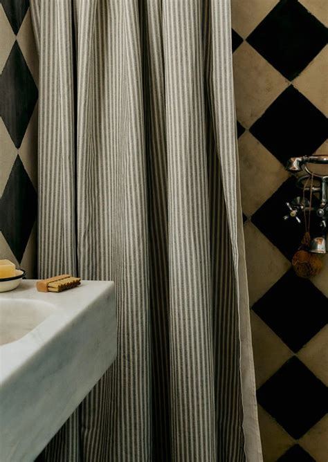 Organic Ticking Stripe Shower Curtain Ecrugraphite Toast Striped