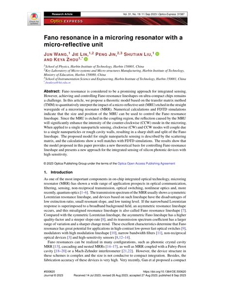 Pdf Fano Resonance In A Microring Resonator With A Micro Reflective Unit