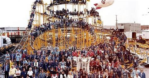 Conklin Shows' crew posed on their Jet Star 2. ca. : rollercoasters