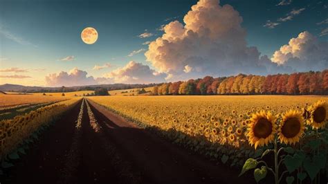 Premium Ai Image A Field Of Sunflowers With The Moon In The Background