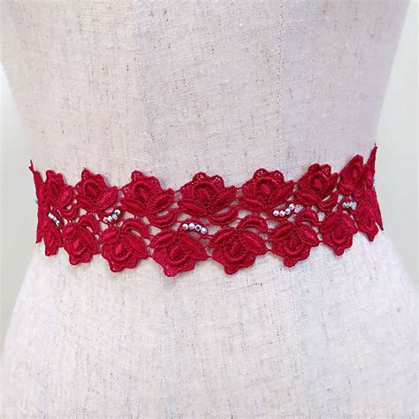 Red Floral Sash Rhinestone Lace Sash Flower Ribbon Sash Bridal Belt