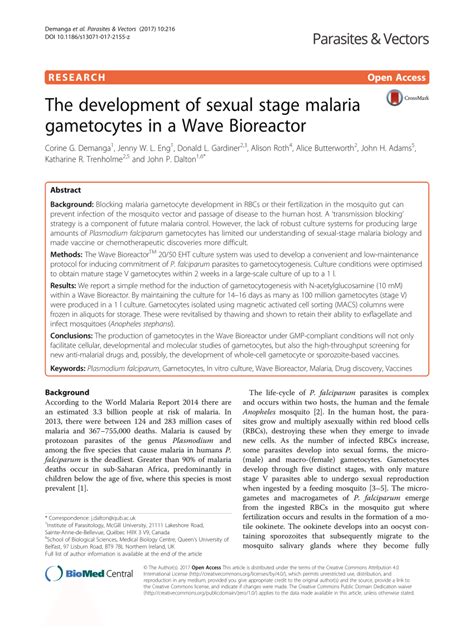 (PDF) The development of sexual stage malaria gametocytes in a Wave Bioreactor