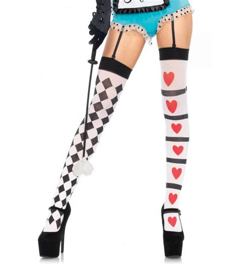 Harlequin And Heart Thigh High Stockings Queen Of Hearts Or Alice In