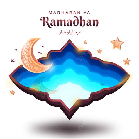 인사말 카드 Marhaban Ya Ramadhan With 초승달 별 소형 푸른 바다 위에 새 벡터 라마단 그림 이슬람