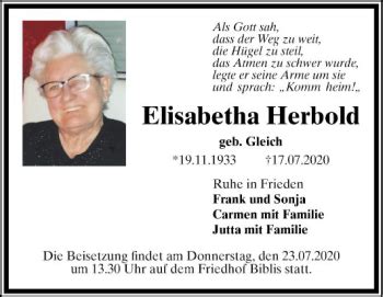 Traueranzeigen Von Elisabetha Herbold Trauerportal Ihrer Tageszeitung