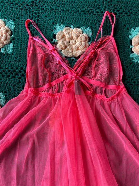 Victorias Secret Sheer Hot Pink Lace Babydoll Dress Gem