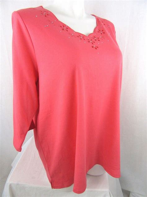 Quacker Factory Size X Bright Coral Eyelet Scalloped Sleeve T