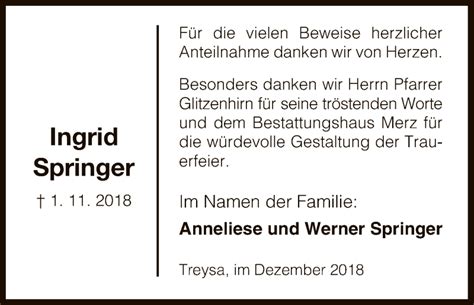 Traueranzeigen Von Ingrid Springer Trauer Hna De