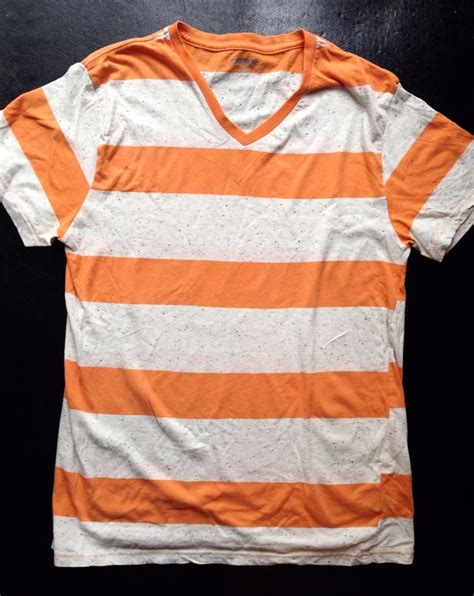 Orange And White Wide Striped Mens Carbon Brand V Neck T Shirt Sz Lrg