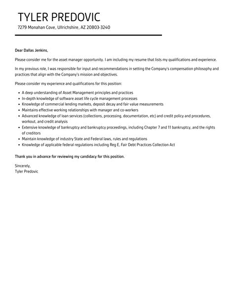 Asset Manager Cover Letter Velvet Jobs