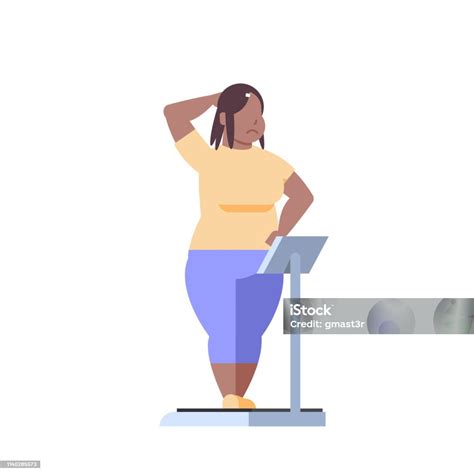 Fat Obese Woman Standing On Weigh Scales Over Size African American